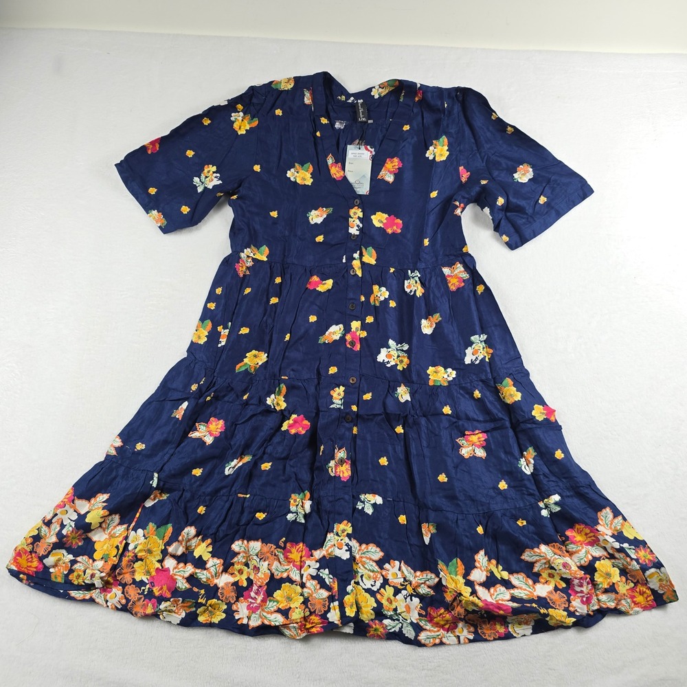 Sacred Threads Navy Blue Floral Tiered Button Front Rayon Dress L/XL NWT New